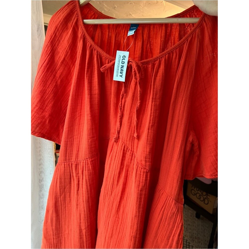 NWT 100% Cotton Gauze Mini Dress Orange Tie Neck Pockets Fall Autumn